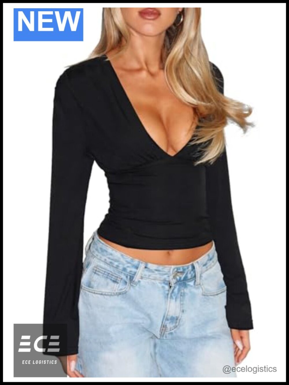 Women V-Neck Bell Sleeve Cinched Waist Crop Top Long Sleeve Going Out Top